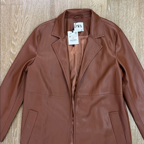 Zara Faux Leather Long Duster Blazer Top Coat Trench Jacket Cognac Brown Medium - Picture 8 of 13